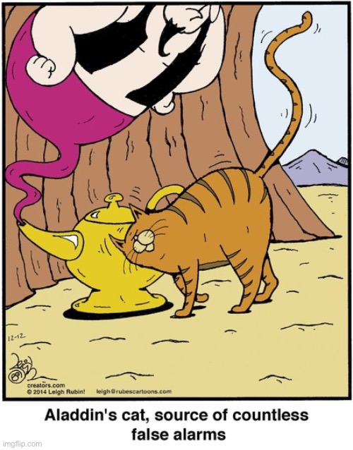 Aladdin’s cat… | image tagged in cats,comics,rubes,aladdin,lamp,false alarm | made w/ Imgflip meme maker