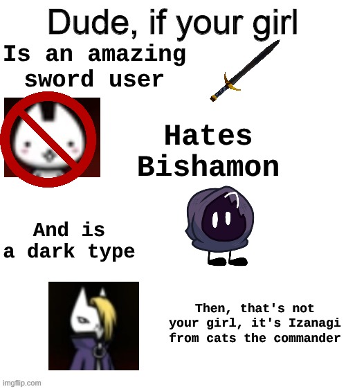 Another ctc meme? Why not | Is an amazing sword user; Hates Bishamon; And is a dark type; Then, that's not your girl, it's Izanagi from cats the commander | image tagged in dude if your girl | made w/ Imgflip meme maker
