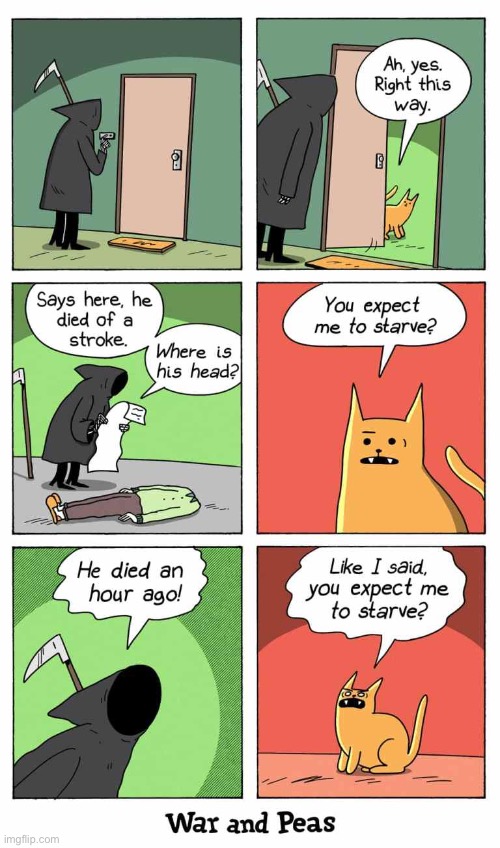 War and Peas | image tagged in comics,war and peas,grim reaper,cat,dead body | made w/ Imgflip meme maker