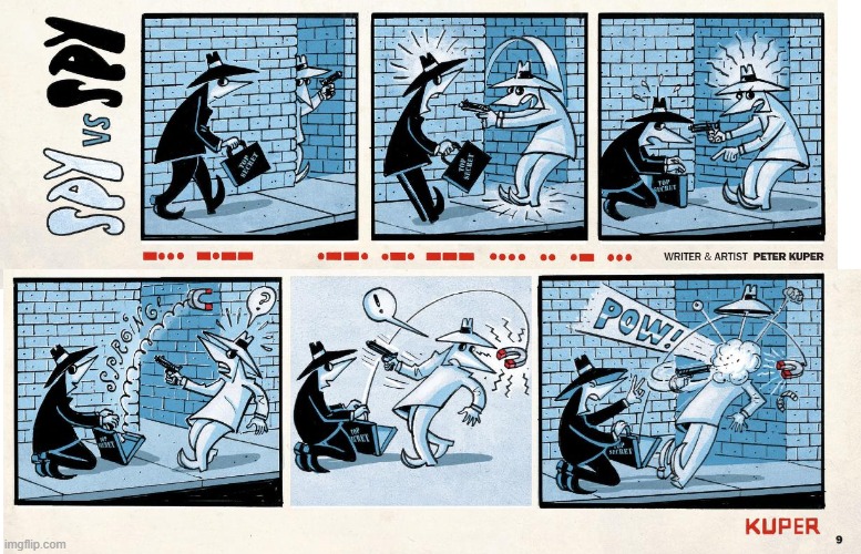image tagged in spy vs spy,briefcase,magnet,gun,gunshot,pow | made w/ Imgflip meme maker