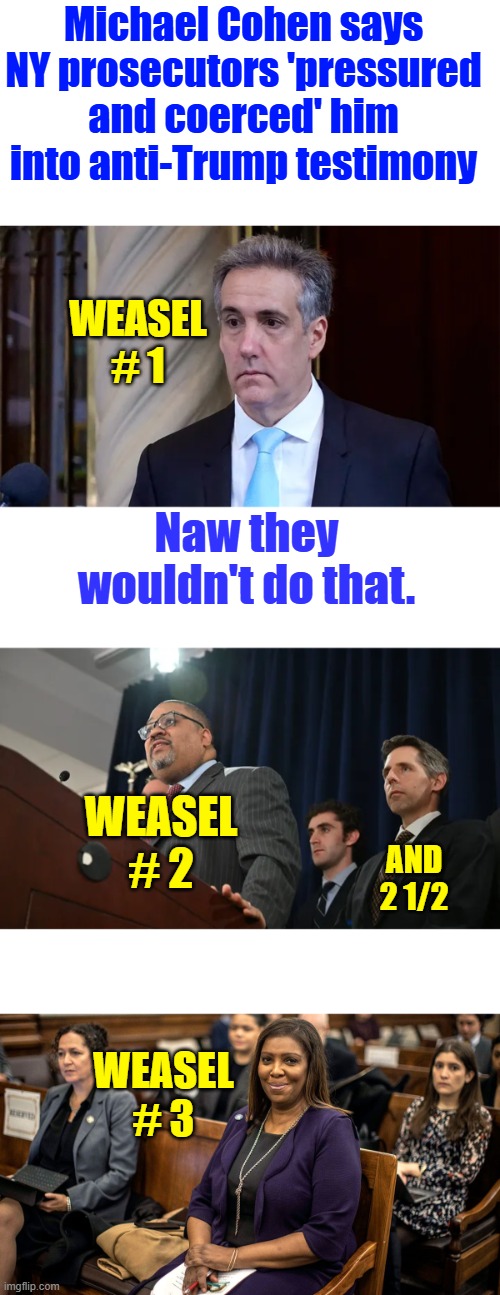Dem Hero | Michael Cohen says NY prosecutors 'pressured and coerced' him into anti-Trump testimony; WEASEL # 1; Naw they wouldn't do that. WEASEL # 2; AND 2 1/2; WEASEL # 3 | made w/ Imgflip meme maker