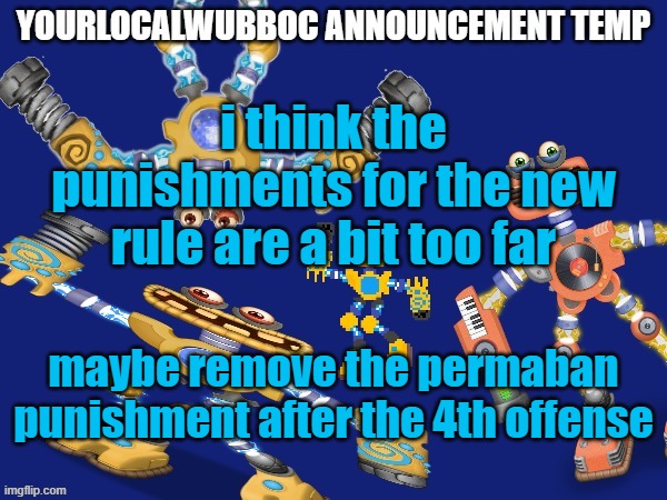 YourLocalWubboc Announcement Temp | i think the punishments for the new rule are a bit too far; maybe remove the permaban punishment after the 4th offense | image tagged in yourlocalwubboc announcement temp | made w/ Imgflip meme maker