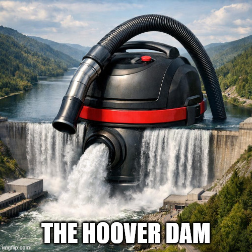 The Hoover Dam! | THE HOOVER DAM | image tagged in huge vacuum cleaner blocking off a river like it is a dam,hoover,dam,hoover dam,oh wow are you actually reading these tags | made w/ Imgflip meme maker