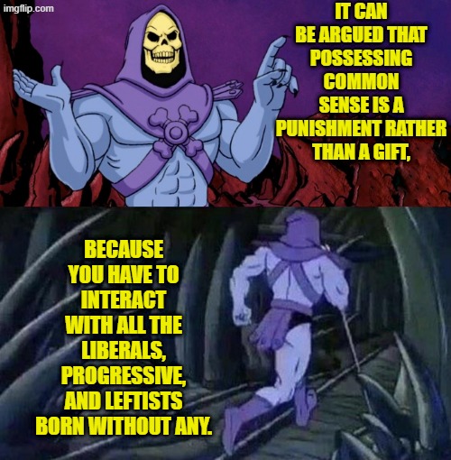 Alas . . . true that. | IT CAN BE ARGUED THAT POSSESSING COMMON SENSE IS A PUNISHMENT RATHER THAN A GIFT, BECAUSE YOU HAVE TO INTERACT WITH ALL THE LIBERALS, PROGRESSIVE, AND LEFTISTS BORN WITHOUT ANY. | image tagged in he man skeleton advices | made w/ Imgflip meme maker