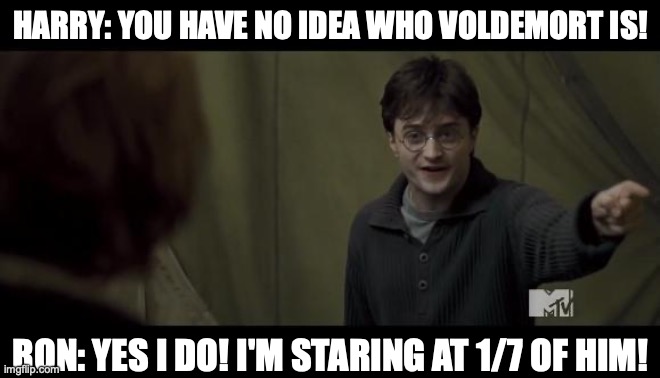 Harry Potter insulting Ron Weasley | HARRY: YOU HAVE NO IDEA WHO VOLDEMORT IS! RON: YES I DO! I'M STARING AT 1/7 OF HIM! | image tagged in harry potter insulting ron weasley | made w/ Imgflip meme maker