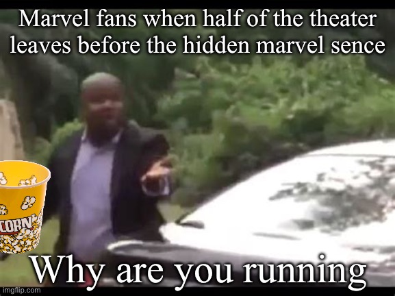 Why are you running? | Marvel fans when half of the theater leaves before the hidden marvel sence; Why are you running | image tagged in why are you running | made w/ Imgflip meme maker