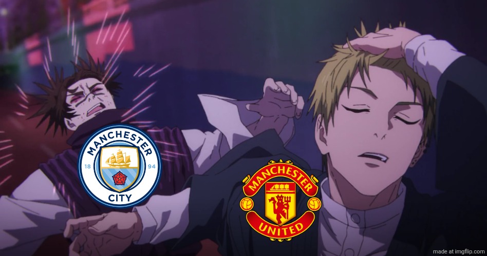 Man Utd - Man City 2-0. | image tagged in zenin naoya vs choso,premier league,jujutsu kaisen,sports,funny,memes | made w/ Imgflip meme maker