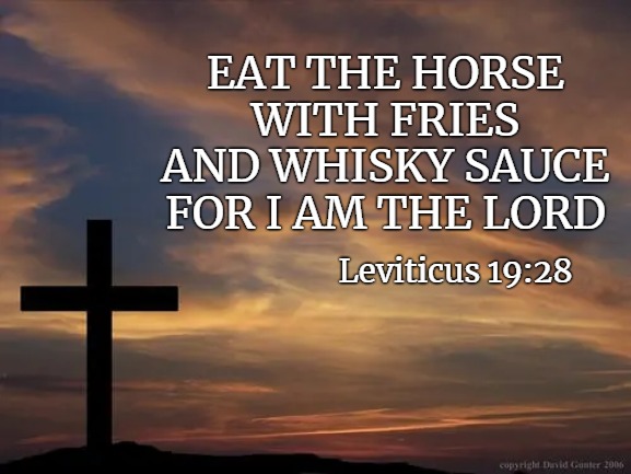 EAT THE HORSE WITH FRIES AND WHISKY SAUCE FOR I AM THE LORD Leviticus 19:28 | made w/ Imgflip meme maker