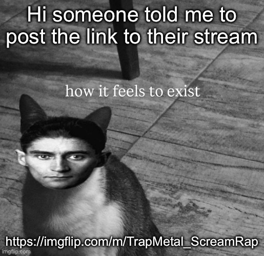 ts so kafkaesque | Hi someone told me to post the link to their stream; https://imgflip.com/m/TrapMetal_ScreamRap | image tagged in ts so kafkaesque | made w/ Imgflip meme maker