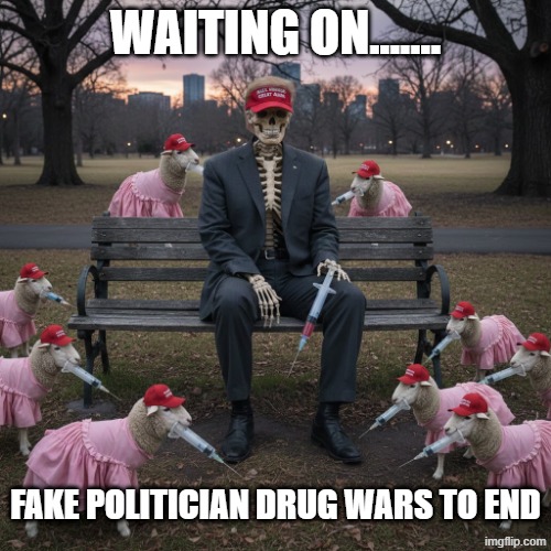 WAITING ON..... | WAITING ON....... FAKE POLITICIAN DRUG WARS TO END | image tagged in trump,republican,war on drugs,war,politician,maga | made w/ Imgflip meme maker