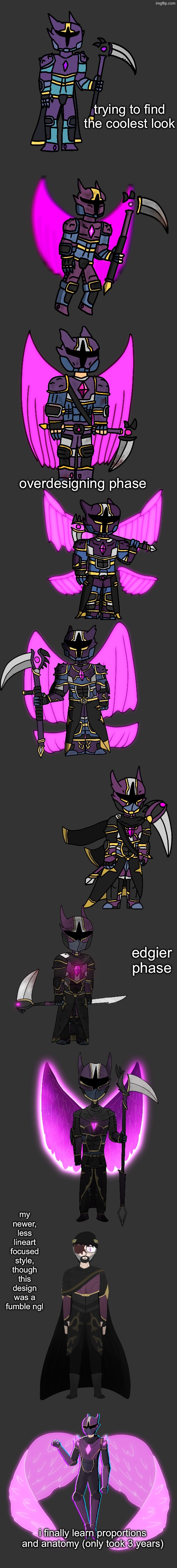 novalution | trying to find the coolest look; overdesigning phase; edgier phase; my newer, less lineart focused style, though this design was a fumble ngl; i finally learn proportions and anatomy (only took 3 years) | image tagged in memes,blank transparent square | made w/ Imgflip meme maker