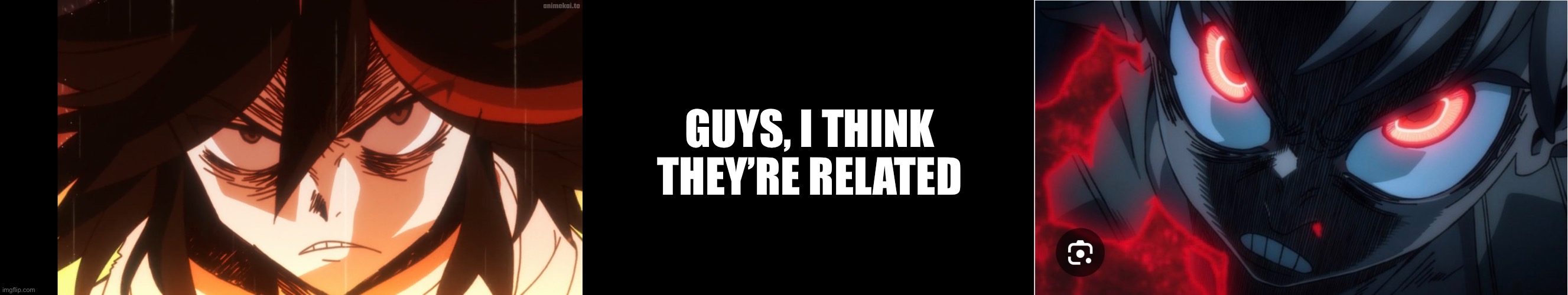 Ryuko Motoi and Rudo whatshisface | GUYS, I THINK THEY’RE RELATED | made w/ Imgflip meme maker