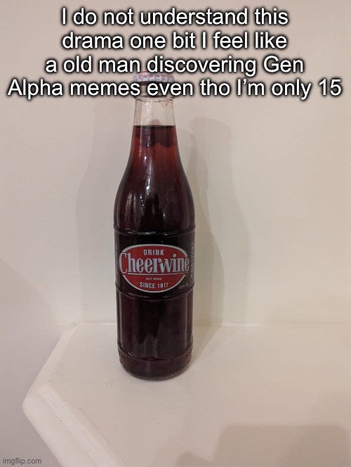 Cheerwine | I do not understand this drama one bit I feel like a old man discovering Gen Alpha memes even tho I’m only 15 | image tagged in cheerwine | made w/ Imgflip meme maker