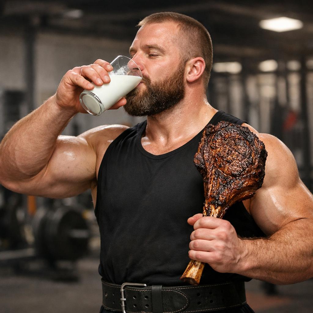 power lifter with tomahawk steak and glass of milk Blank Meme Template