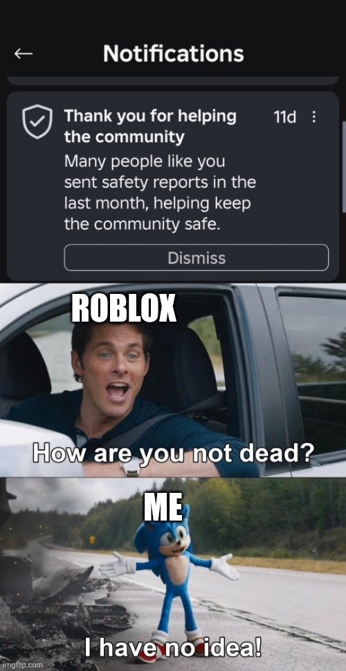 I'm still alive after sending more reports 11 days ago. How? | ROBLOX; ME | image tagged in how are you not dead,roblox | made w/ Imgflip meme maker