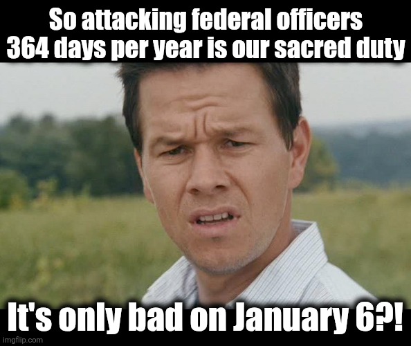 The 364-day hunting season | So attacking federal officers 364 days per year is our sacred duty; It's only bad on January 6?! | image tagged in mark wahlberg confused,memes,democrats,ice,liberal logic,insanity | made w/ Imgflip meme maker
