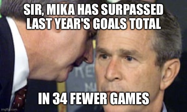 George Bush 9/11 | SIR, MIKA HAS SURPASSED LAST YEAR'S GOALS TOTAL; IN 34 FEWER GAMES | image tagged in george bush 9/11 | made w/ Imgflip meme maker