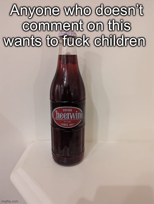 Cheerwine | Anyone who doesn’t comment on this wants to fuck children | image tagged in cheerwine | made w/ Imgflip meme maker