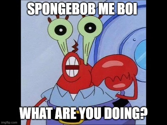 Spongbob me boi | SPONGEBOB ME BOI; WHAT ARE YOU DOING? | image tagged in oh yeah mr krabs | made w/ Imgflip meme maker