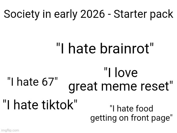 Literally what everyone is talking about now | Society in early 2026 - Starter pack; "I hate brainrot"; "I love great meme reset"; "I hate 67"; "I hate tiktok"; "I hate food getting on front page" | image tagged in blank white template,starter pack,2026,society,not so great meme reset | made w/ Imgflip meme maker