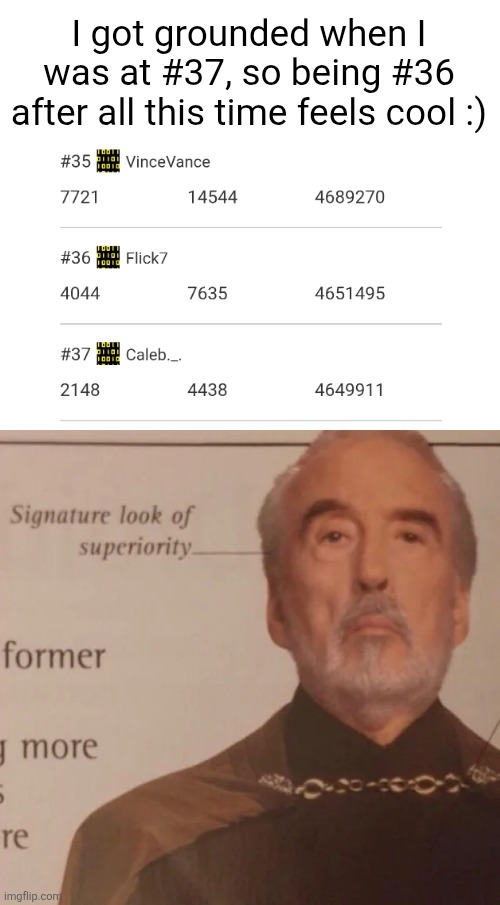 Signature Look of superiority | I got grounded when I was at #37, so being #36 after all this time feels cool :) | image tagged in signature look of superiority | made w/ Imgflip meme maker