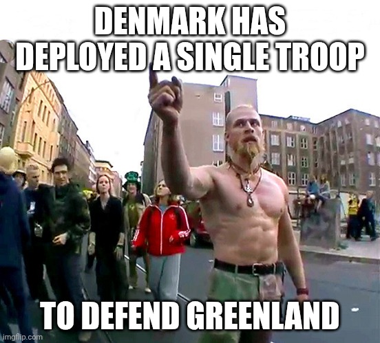 No bonespurs detected | DENMARK HAS DEPLOYED A SINGLE TROOP; TO DEFEND GREENLAND | image tagged in technoviking,greenland,donald trump,united nations,nato | made w/ Imgflip meme maker