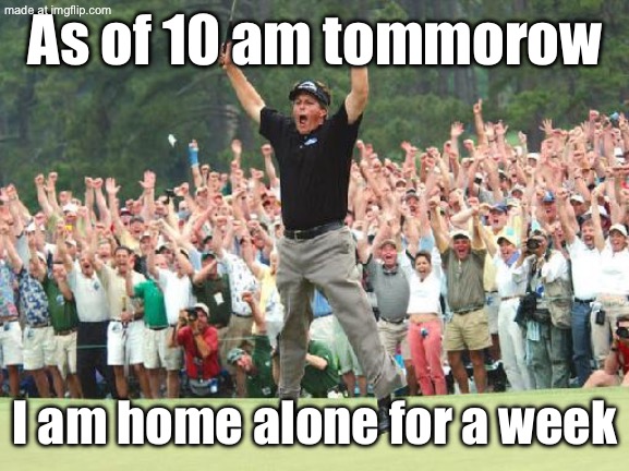 Golf celebration | As of 10 am tommorow; I am home alone for a week | image tagged in golf celebration | made w/ Imgflip meme maker