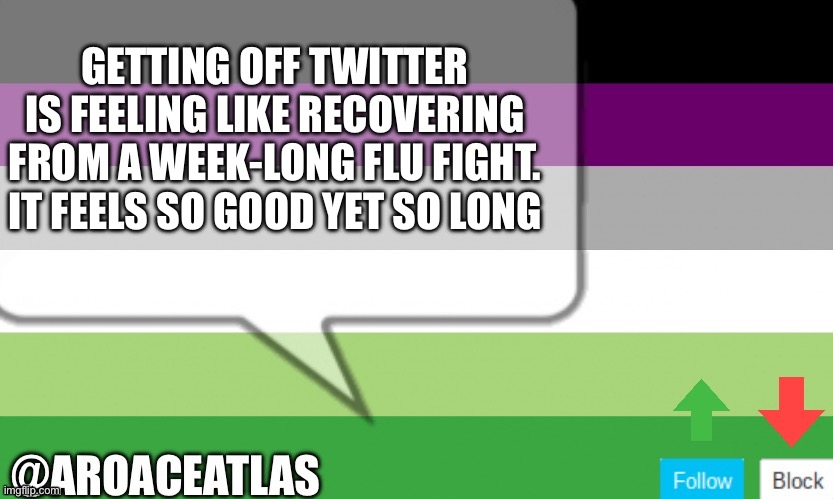 1st world country ass problem | GETTING OFF TWITTER IS FEELING LIKE RECOVERING FROM A WEEK-LONG FLU FIGHT. IT FEELS SO GOOD YET SO LONG | image tagged in aroaceatlas announcement template | made w/ Imgflip meme maker
