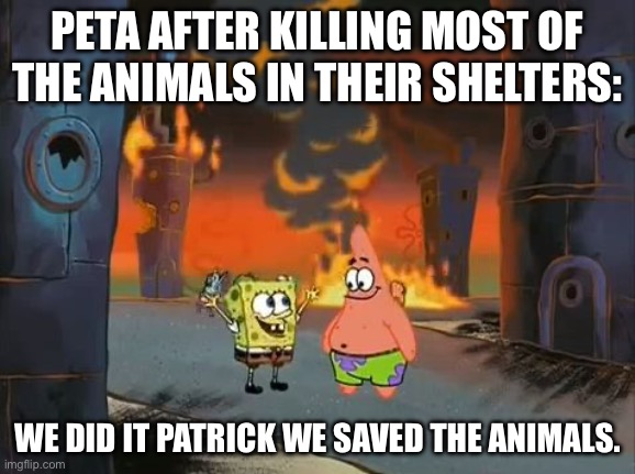 "We did it, Patrick! We saved the City!" | PETA AFTER KILLING MOST OF THE ANIMALS IN THEIR SHELTERS:; WE DID IT PATRICK WE SAVED THE ANIMALS. | image tagged in we did it patrick we saved the city | made w/ Imgflip meme maker