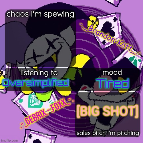 brandon and gebrix shared temp | Oversimplified; Tired; [BIG SHOT] | image tagged in brandon and gebrix shared temp | made w/ Imgflip meme maker