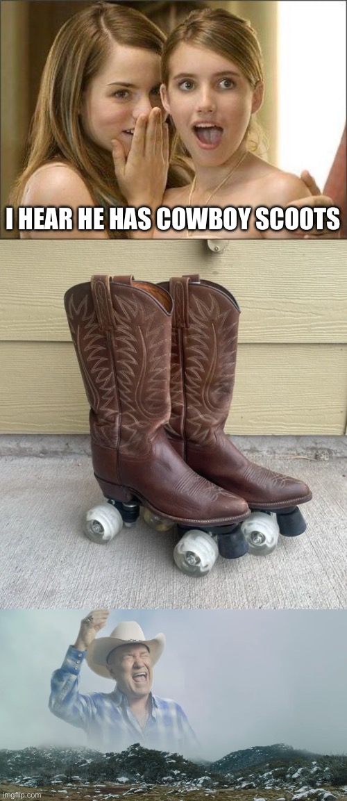 Cowboy Scoots | I HEAR HE HAS COWBOY SCOOTS | image tagged in girls gossiping,is it big enough,cowboy,boots,skate | made w/ Imgflip meme maker