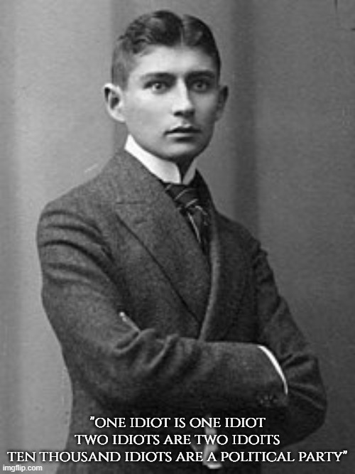 . | "one idiot is one idiot
two idiots are two idoits
ten thousand idiots are a political party" | image tagged in franz kafka | made w/ Imgflip meme maker