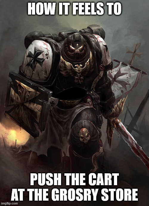 Warhammer 40k Black Templar | HOW IT FEELS TO; PUSH THE CART AT THE GROSRY STORE | image tagged in warhammer 40k black templar | made w/ Imgflip meme maker