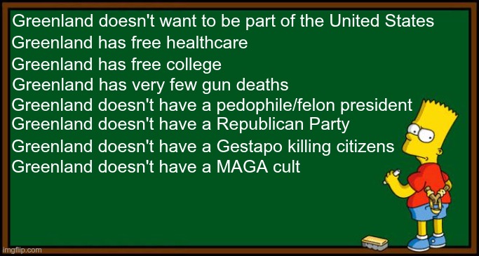 Greenland doesn't want to be part of a 3rd world country | Greenland doesn't want to be part of the United States; Greenland has free healthcare; Greenland has free college; Greenland has very few gun deaths; Greenland doesn't have a pedophile/felon president; Greenland doesn't have a Republican Party; Greenland doesn't have a Gestapo killing citizens; Greenland doesn't have a MAGA cult | image tagged in trump,gop,maga,nazi,fascists,greenland | made w/ Imgflip meme maker