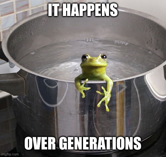 Frog in pot boiling water | IT HAPPENS OVER GENERATIONS | image tagged in frog in pot boiling water | made w/ Imgflip meme maker