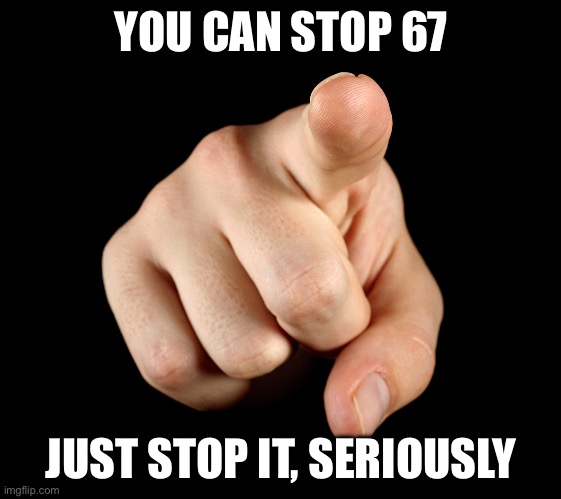 Finger pointing | YOU CAN STOP 67; JUST STOP IT, SERIOUSLY | image tagged in finger pointing | made w/ Imgflip meme maker