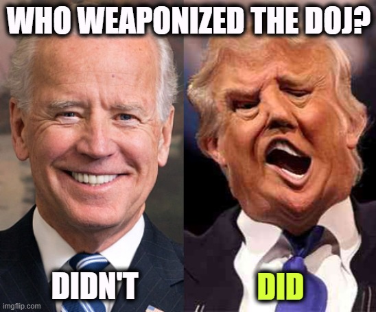 The Biden DOJ operated on law & facts. Trump uses it against anybody who said "no" to him. Trump projects his faults on others. | WHO WEAPONIZED THE DOJ? DIDN'T; DID | image tagged in biden solid stable trump acid drugs,weapon,doj,trump,enemies,projection | made w/ Imgflip meme maker