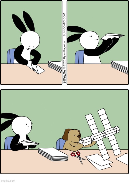Buni Comics | image tagged in comics,buni comics,dog,space station,paper airplane,outdone | made w/ Imgflip meme maker