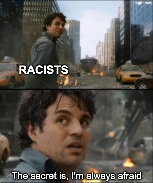 If racist, then coward (WORST superpower!) | RACISTS; The secret is, I'm always afraid | image tagged in hulk always angry,racism,cowardice | made w/ Imgflip meme maker