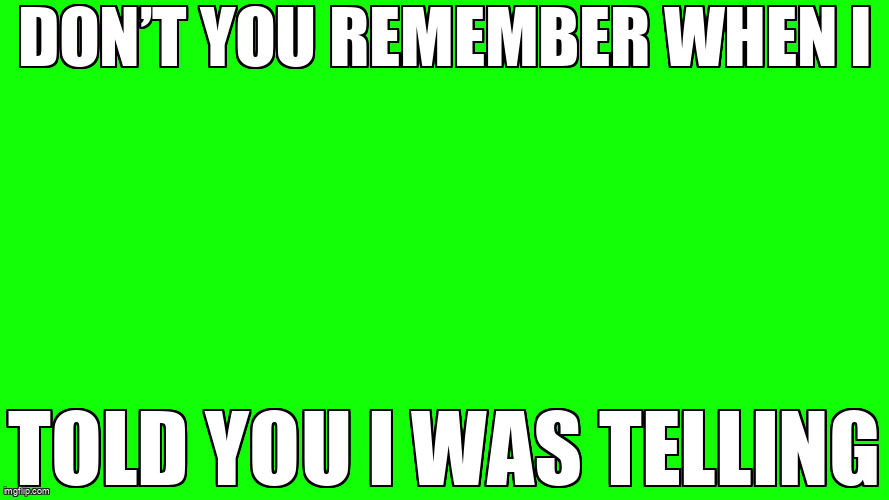 Green Background or whatever | DON’T YOU REMEMBER WHEN I; TOLD YOU I WAS TELLING | image tagged in green background or whatever | made w/ Imgflip meme maker