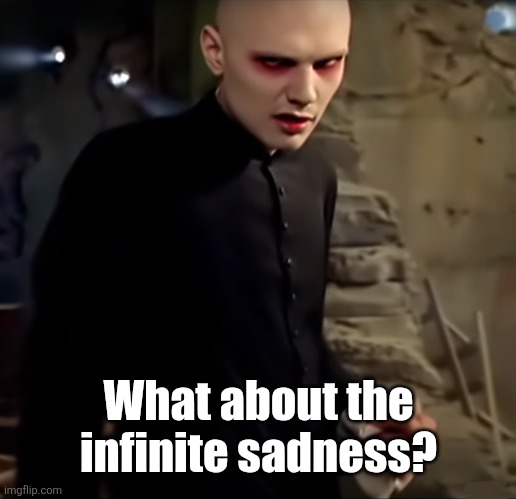 Smashing pumpkins | What about the infinite sadness? | image tagged in smashing pumpkins | made w/ Imgflip meme maker