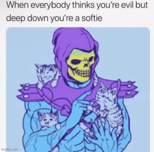 Even Skeletor has a soft spot for kittens… | image tagged in repost,skeletor,cats,kittens,evil,softie | made w/ Imgflip meme maker