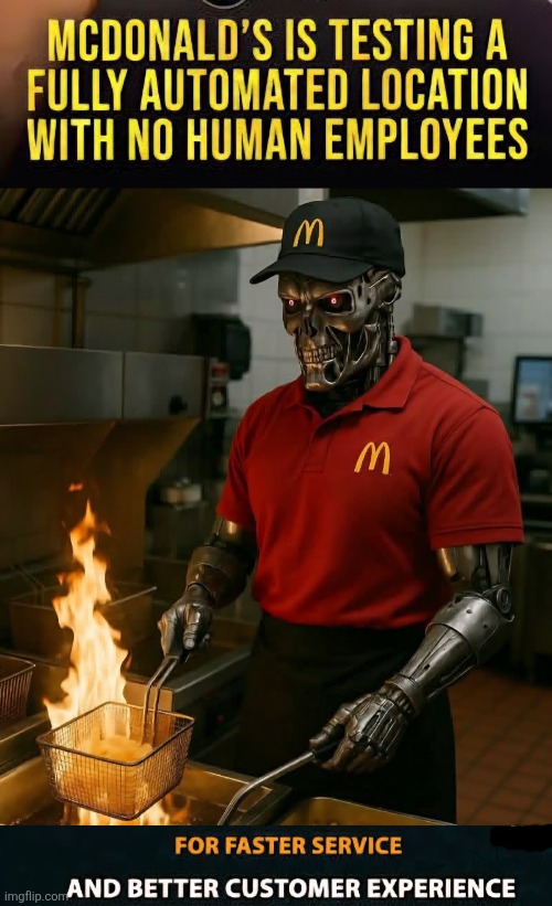 The Fryinator 2000 | image tagged in mcdonald's,terminator,robot,employees,ai,frynet | made w/ Imgflip meme maker