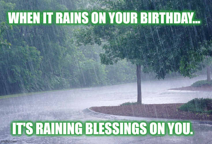 Rain blessings on your birthday | WHEN IT RAINS ON YOUR BIRTHDAY... IT'S RAINING BLESSINGS ON YOU. | image tagged in rainy day,birthday | made w/ Imgflip meme maker
