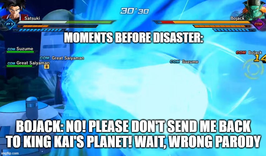 Quiet, Bojack! | MOMENTS BEFORE DISASTER:; BOJACK: NO! PLEASE DON'T SEND ME BACK TO KING KAI'S PLANET! WAIT, WRONG PARODY | image tagged in dbz meme | made w/ Imgflip meme maker
