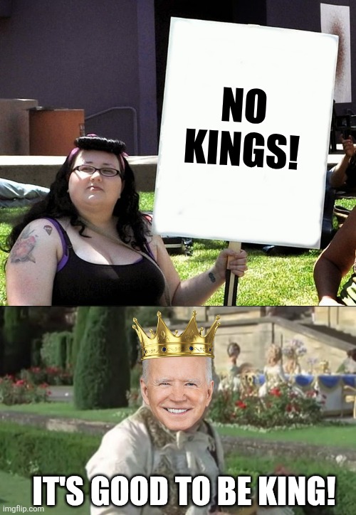 NO KINGS! IT'S GOOD TO BE KING! | image tagged in sjw with sign | made w/ Imgflip meme maker