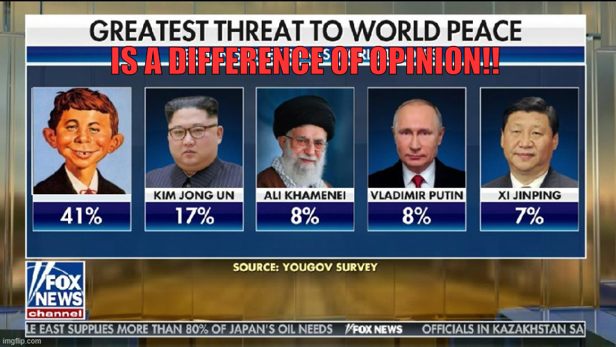 Alfred E Newman for President | IS A DIFFERENCE OF OPINION!! | image tagged in idiots,war,peace,ideas,world,fox news | made w/ Imgflip meme maker