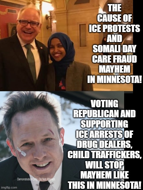 Stop Mayhem like this! | THE CAUSE OF ICE PROTESTS AND SOMALI DAY CARE FRAUD MAYHEM IN MINNESOTA! VOTING REPUBLICAN AND SUPPORTING ICE ARRESTS OF DRUG DEALERS, CHILD TRAFFICKERS, WILL STOP MAYHEM LIKE THIS IN MINNESOTA! | image tagged in mayhem,sam elliott special kind of stupid | made w/ Imgflip meme maker