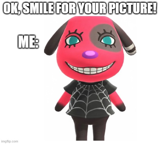 Smiling for picture(s) | OK, SMILE FOR YOUR PICTURE! ME: | image tagged in cherry,animal crossing,smiling,memes,creepy,fun | made w/ Imgflip meme maker