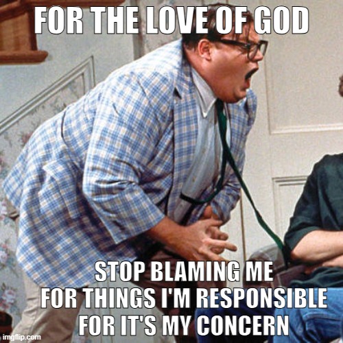 jk guys i'm a responsible person | FOR THE LOVE OF GOD; STOP BLAMING ME FOR THINGS I'M RESPONSIBLE FOR IT'S MY CONCERN | image tagged in chris farley for the love of god | made w/ Imgflip meme maker